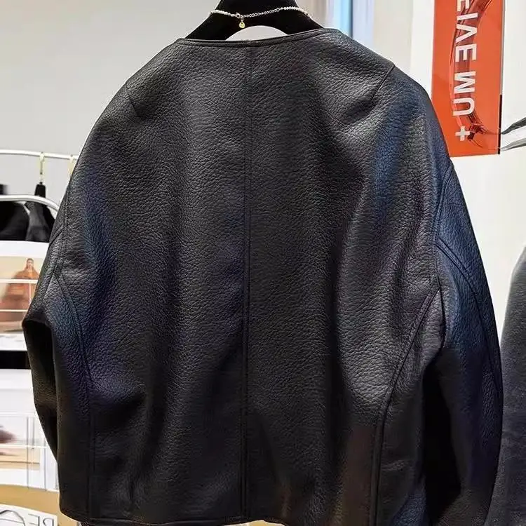 Hong Kong Sle Motorcycle Leather Jaet Dames rond gezicht Retro losse topjas Premium Feel Small Size Open vest ort...