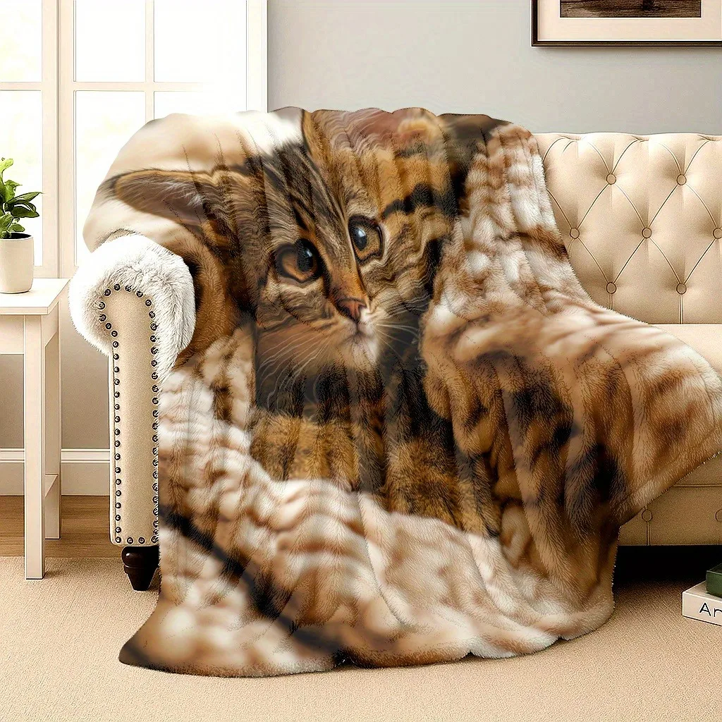 Cute Tabby Kitten Flannel Blanket 3D Cat Print Soft Warm Throw Blanket for Cat Lovers Bed Sofa Couch Home Decor Multiple Sizes