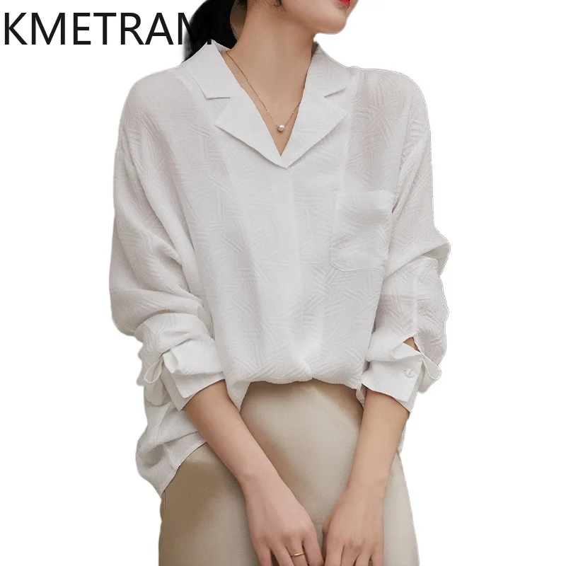 KMETRAM 100% Mulberry Silk Tops for Woman Elegant White Blouse Long Sleeves Spring Shirts Premium Women Clothing 2026 рубашка