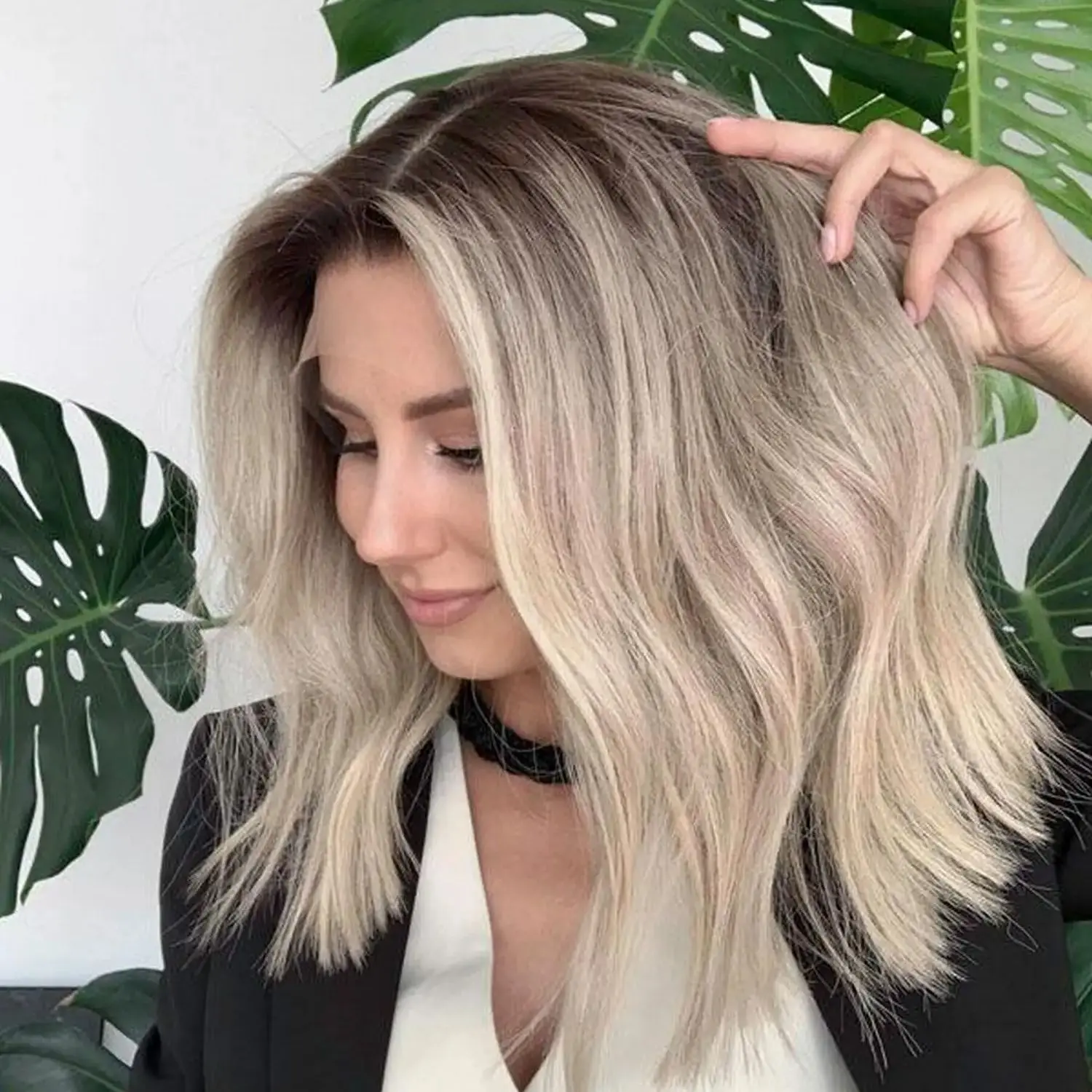 

Ready To Wears Shoulder Loose Deep Wave High Quality Wigs Ash Blonde Shadow Roots Highlights Glueless Wigs Synthetic Hair Female