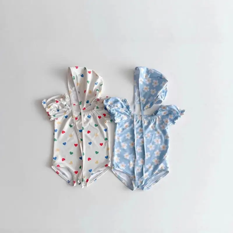 2026 New Baby Girls Cute Puff Sleeve Flower Print One Piece Swimsuit Newborn Bathing Suit + Hat Infant Toddler Swimming Suit