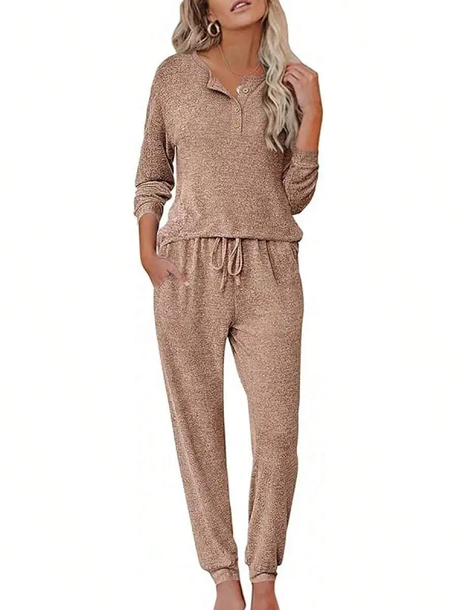 Womens Long Sleeve Henley Pajama Set Lounge Sleepwear Two Piece Comfortable Autumn Winter