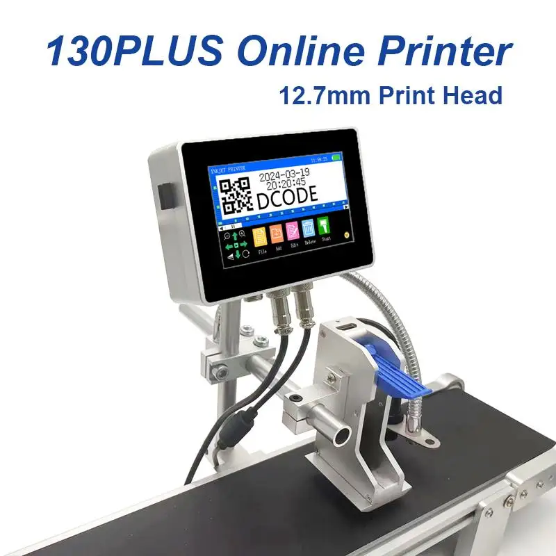 Top 130PLUS Industrial Online Inkjet Printer 12.7/25.4mm Nozzle with 4.3inch Screen QR Barcode Batch Number Logo Date Printer