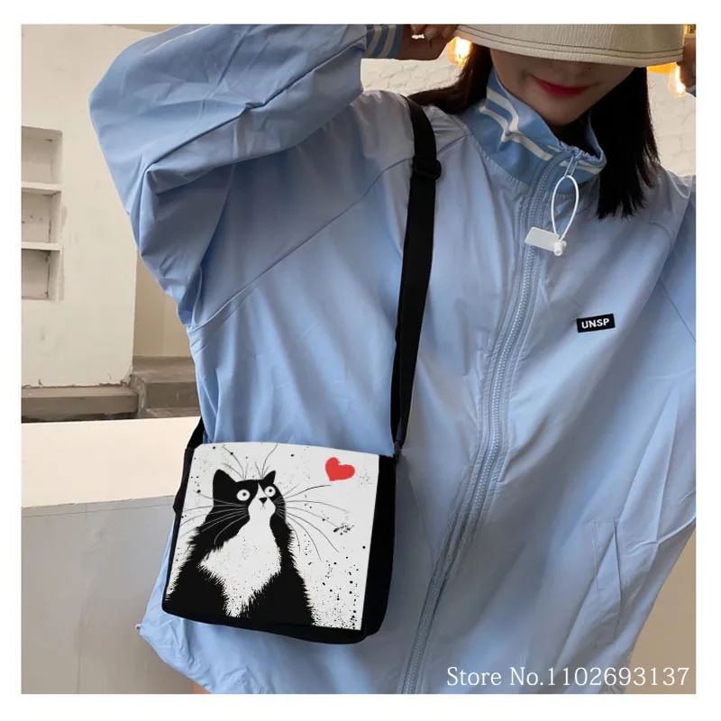 Shoulder Bag Cute Black And White Cat Printing Women Handbag Girls Clutch Travel Shopping Storage Bag Messenger Bag