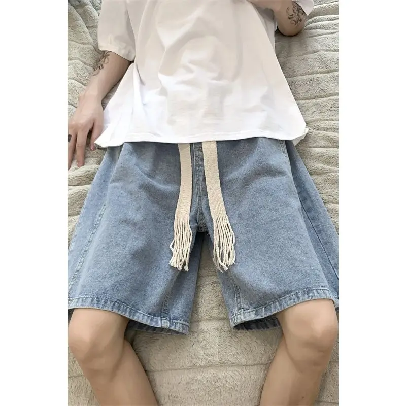 Wide Leg Baggy Denim Shorts Men Summer Thin Solid Color Casual Loose Simple Knee-length 5 Point Pants Drawstring Straight Shorts