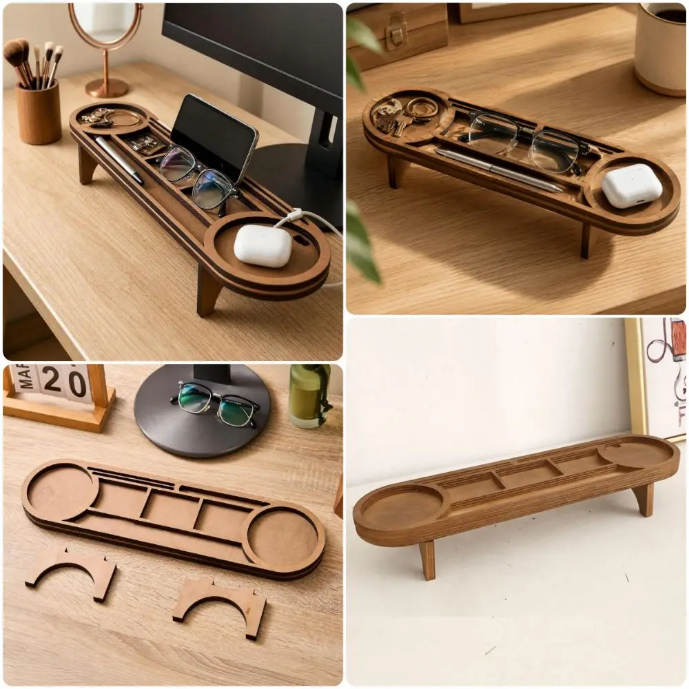 Brown Wooden Desk Organizer Multi-Compartment Phone Stand Desktop Sundries Organizer Cup Holder Multi-Functional