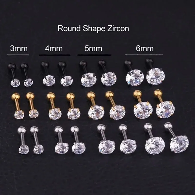 1pair 3/4/5/6mm Round Forward Helix Cartilage Piercing Tragus Stud Conch Snug Ear Lobe Earrings Surgical Steel Piercing Jewelry