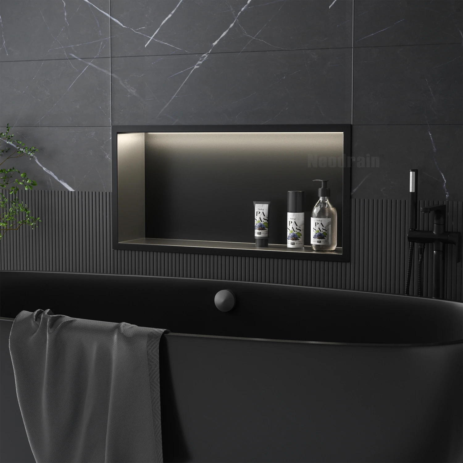 Modern Style Quick Drainage LED Light Bathroom Wall Niche 92° Slope Design with Stainless Steel Shower Niche