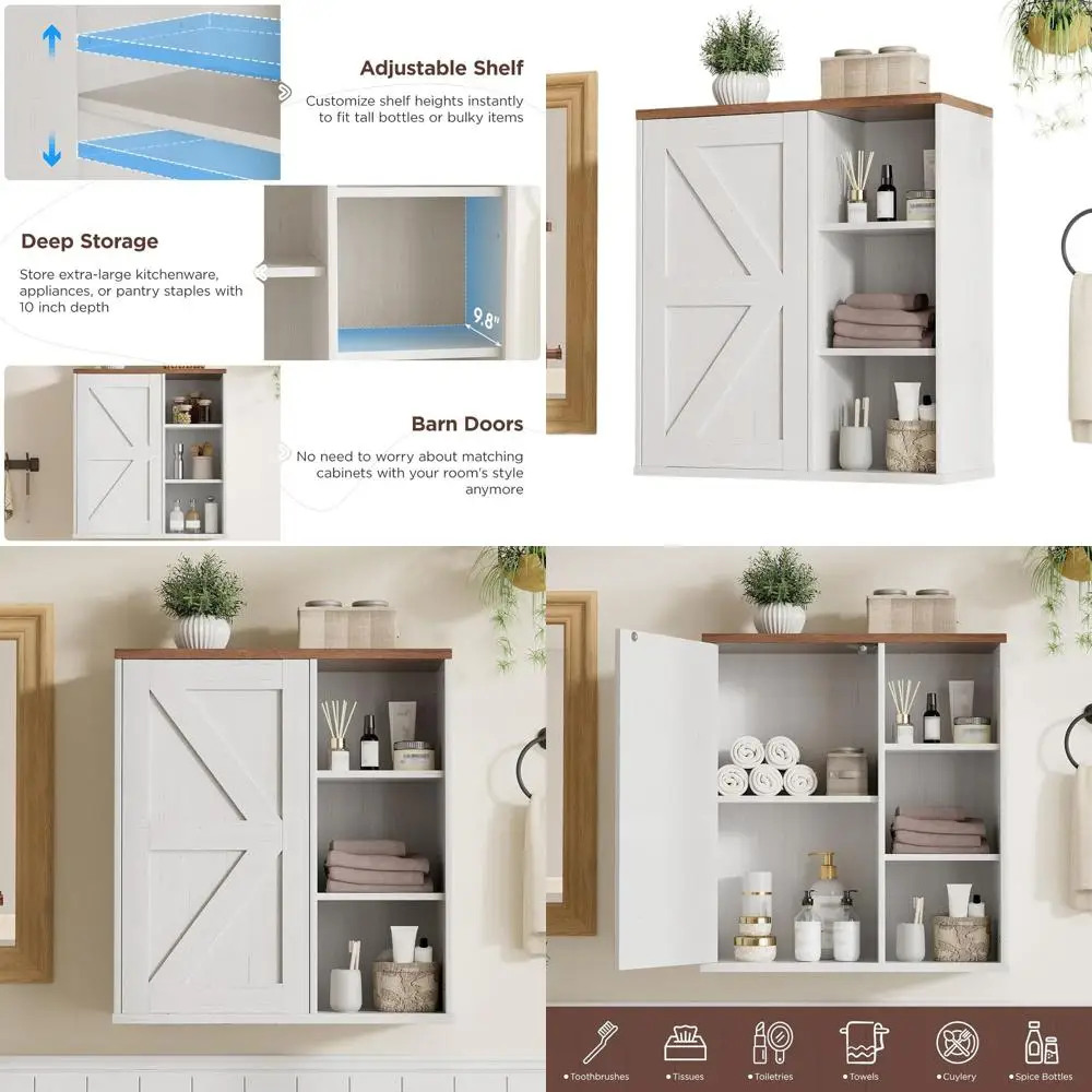 

24 Farmhouse Style Wall-Mounted Medicine Cabinet with Barn Doors and Adjustable Shelves for Kitchen and Living Room
