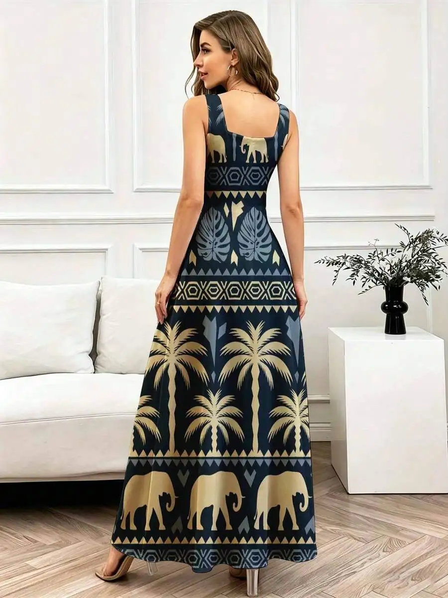

Square Neck Maxi Dress With Elephant Palm Tree Print Boho Style Sleeveless Women Casual Dress