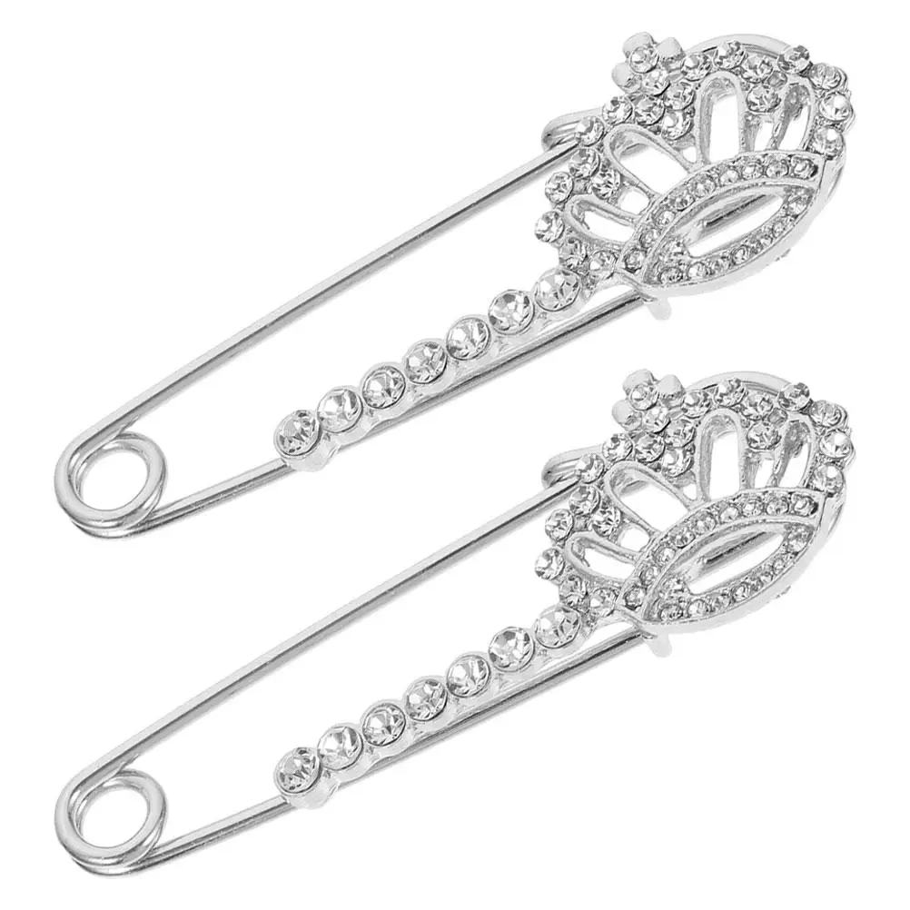 2 Pcs Women's Clothing Crystal Crown Brooch Clothes Pins Rhinestones Decoration