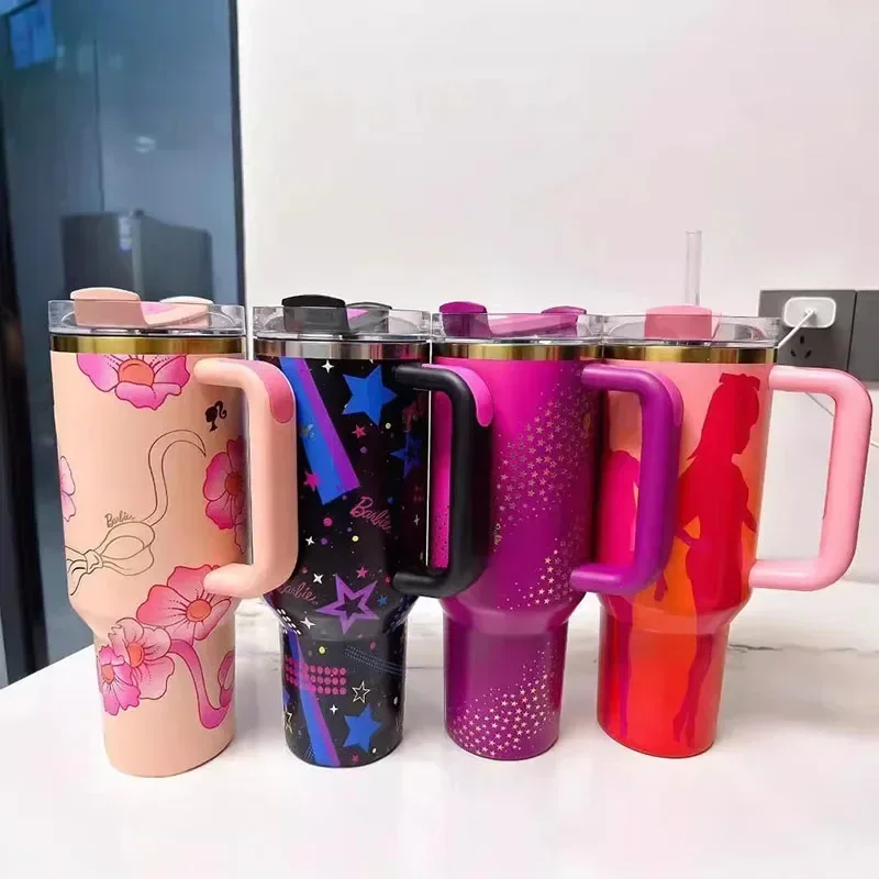 2024 new style Barbie Handle Straw Lid Stainless Steel 40oz Vacuum Insulated Car Mug Double Wall Hot Ice Travel Mug Gifts