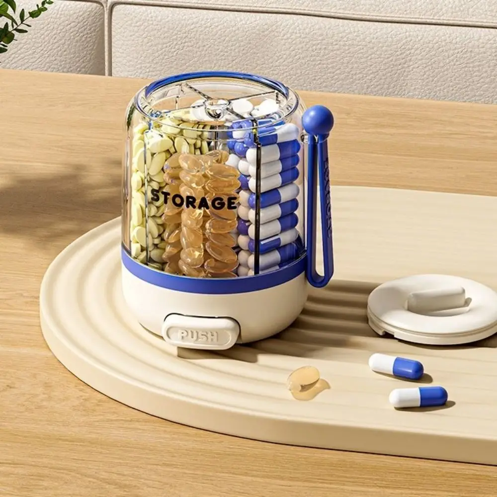 Press Type 4 Grids Pill Organizer Rotating Anti-Mixing Medicine Storage Container Large Capacity Round Daily Pill Dispenser