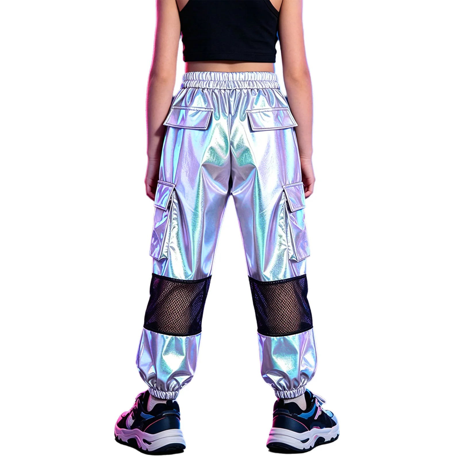 Kids Girls Metallic Cargo Pants Hip Hop Jazz Street Dance Costume Hollow Out Mesh Loose Joggers Athletic Trousers with Pockets