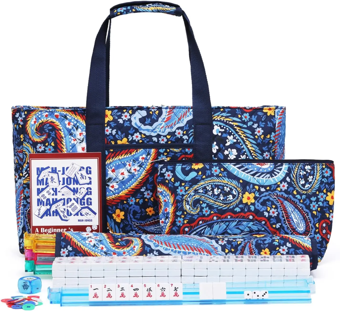

Complete Mahjong Game Set with 166 White Tiles, Navy Bag, and Racks for Travel