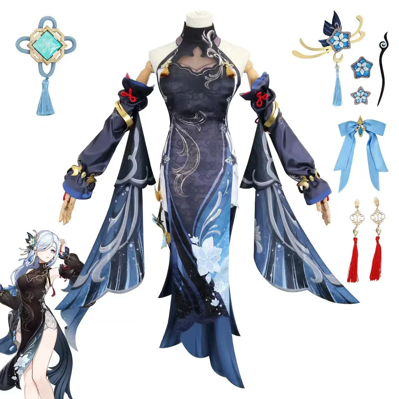 

Cosplay Anime Costume Genshin Impact Shenhe Sea Lantern Festival Shenhe Cold Flower Youlu cos Costume Black Sexy Full Set