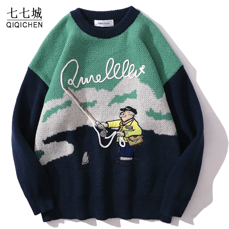 Vintage Pullover Sweater Men Cartoon Pattern Embroidery Knitted Sweaters Japanese Harajuku Casual Loose Jumper Couple Streetwear