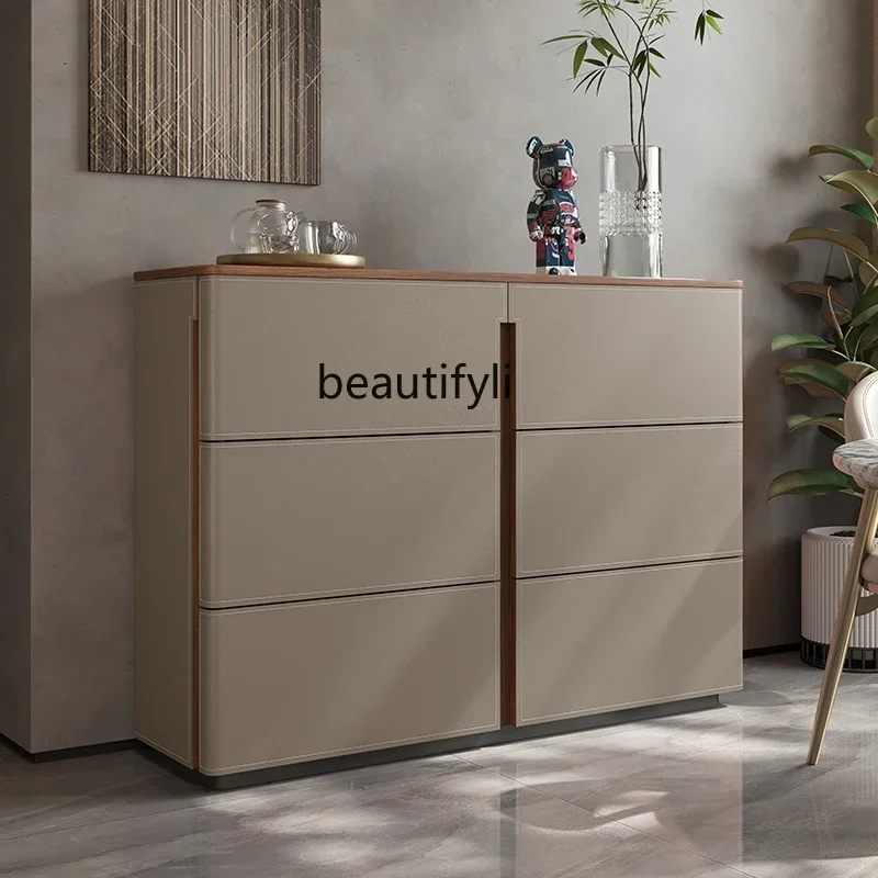 

Italian saddle leather dining side cabinet solid wood entrance living room six drawers chest cabinet storage TV cabinet