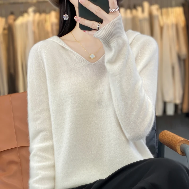 خريف شتاء جديد الصلبة مقنعين الخامس الرقبة مزاجه الصوف الخالص البلوز تريكو المرأة أبلى الكلاسيكية هوديي سترة طويلة الأكمام #6