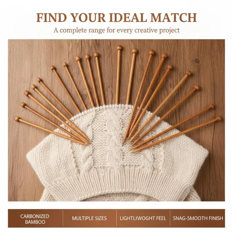 Natural Bamboo Knitting Needles 2Pcs Single Pointed Smooth Tips For Handmade Yarn Craft Knitting Beginners