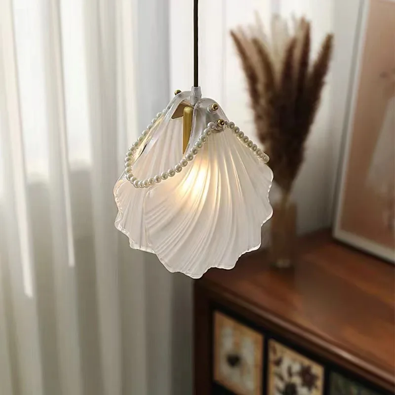 

Modern Bedroom Bedside Bar Small Chandelier Shell Pearl Luxury Ceiling Lamp for Room Aisle