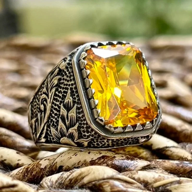 

Hot Selling, Stylish Atmospheric Vintage Famous Style Textured Inlaid Yellow Men's Ring