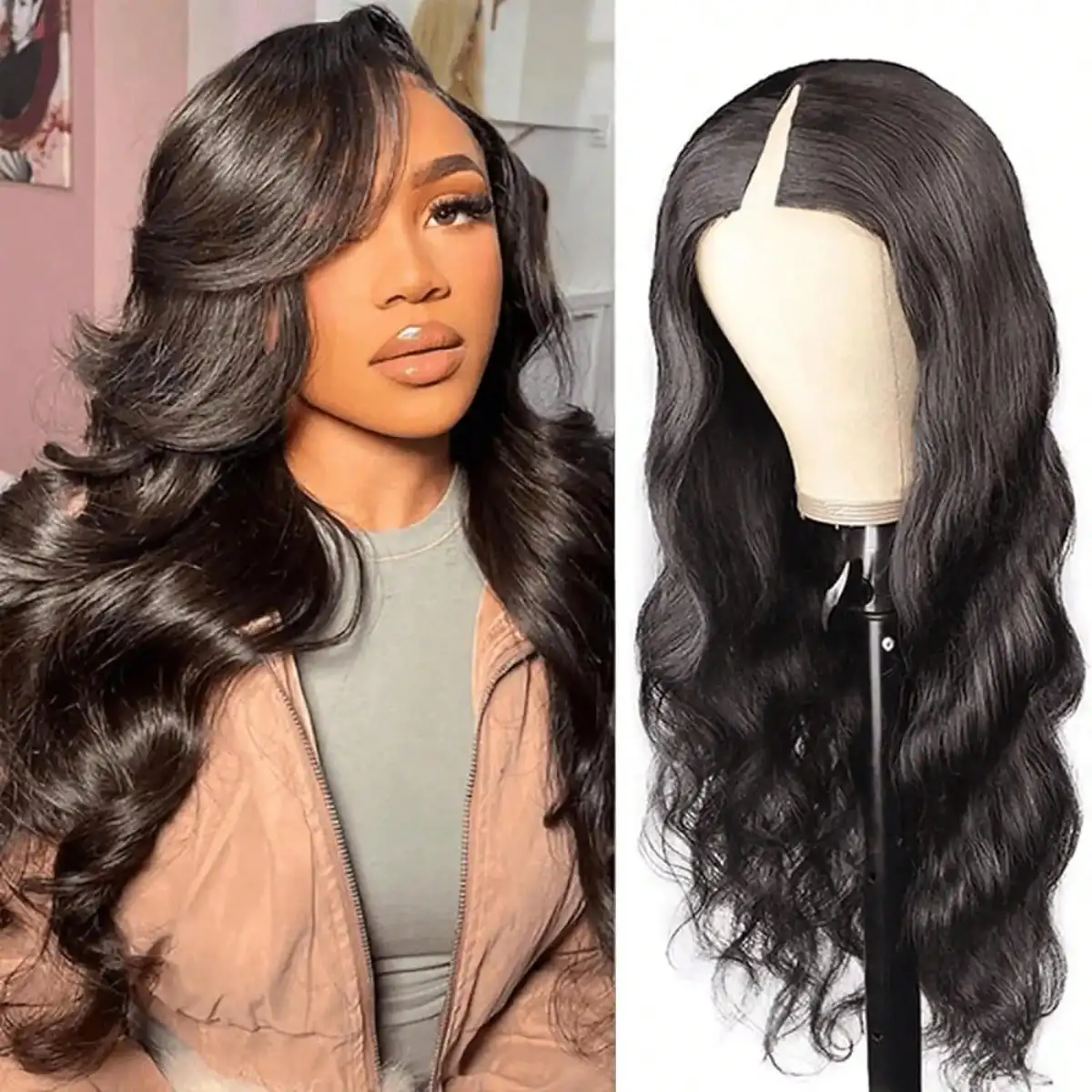 

V Part Wigs Human Hair Body Wave Glueless Human Hair Wig V Shape Machine Made Wigs Hd Lace For Women Full Head Clip No Leave Out