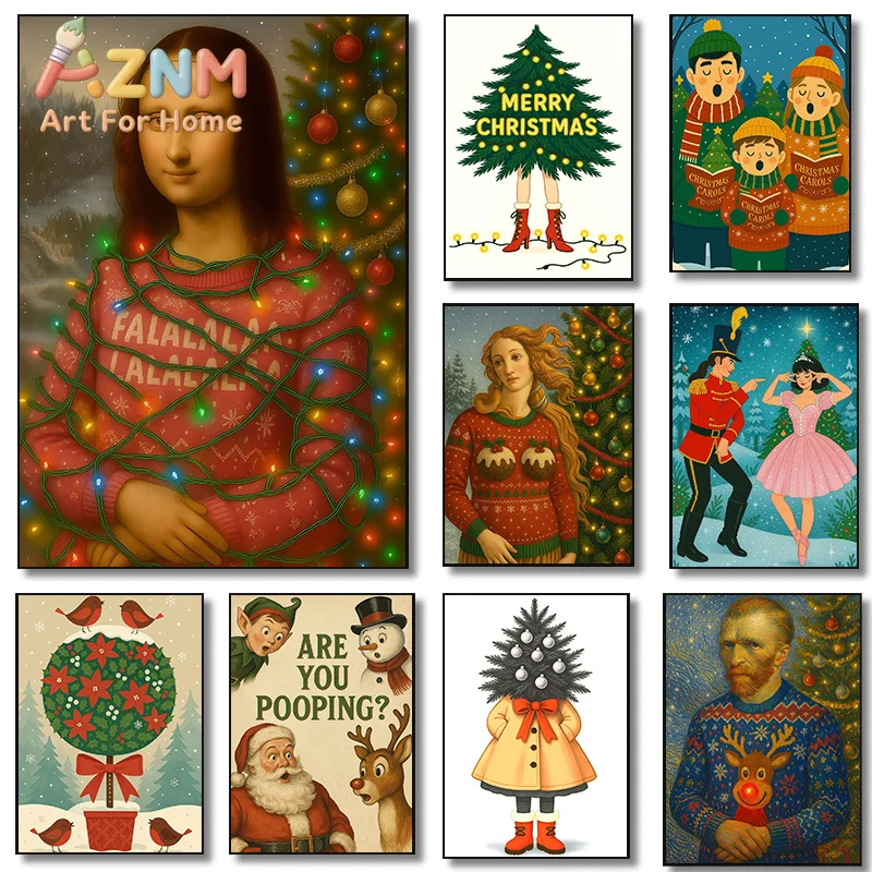 Funny Christmas Carolling Posters Mona Lisa Sweater Family Topiary Modern Prints Canvas Painting Wall Pictures Home Room Decor