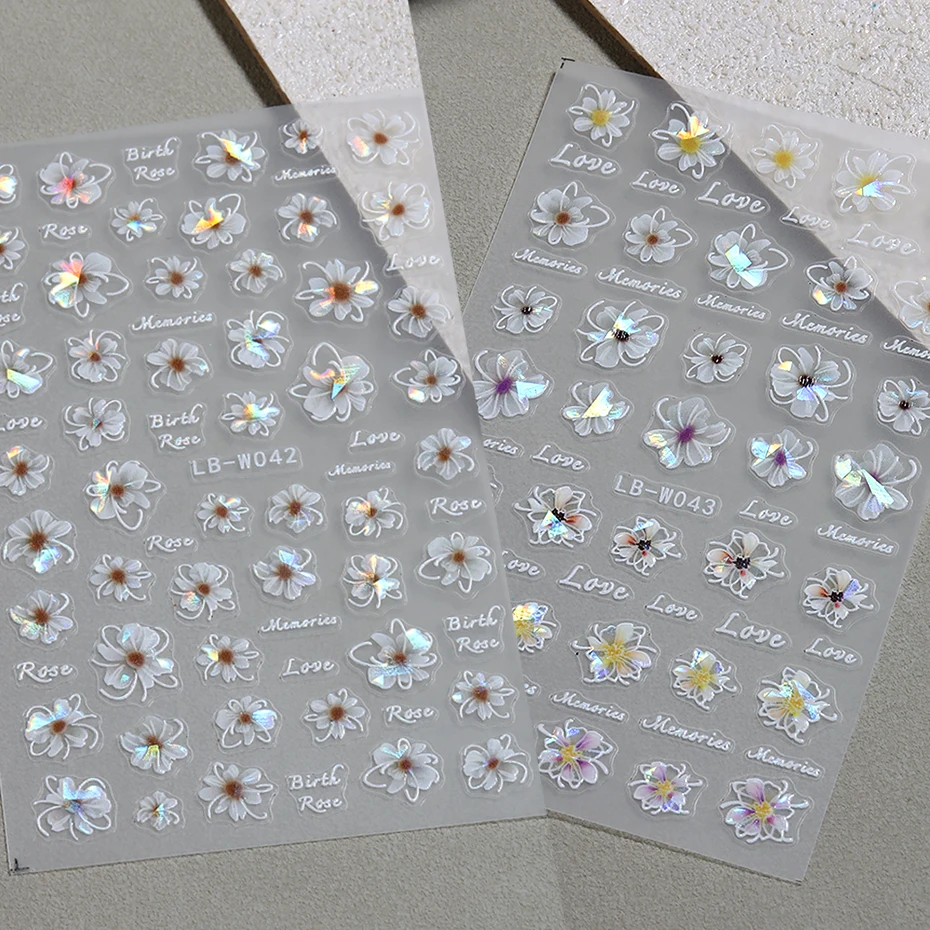 Laser Flowers 3D Nails Stickers Floral Holographic Fairy Aurora Shiny Blooming Flower Decals 2024 Cute Summer Nail Decor#LB-W042