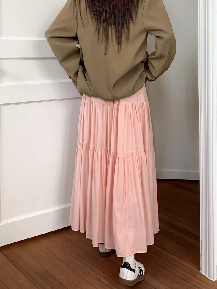 2024 Nieuwe Stijlvolle Pocket Geplooide Rokken A-Line Vrouwen Elastische Hoge Taille Lange Rok Maxi Koreaanse Mode Elegante Casual Losse Rok