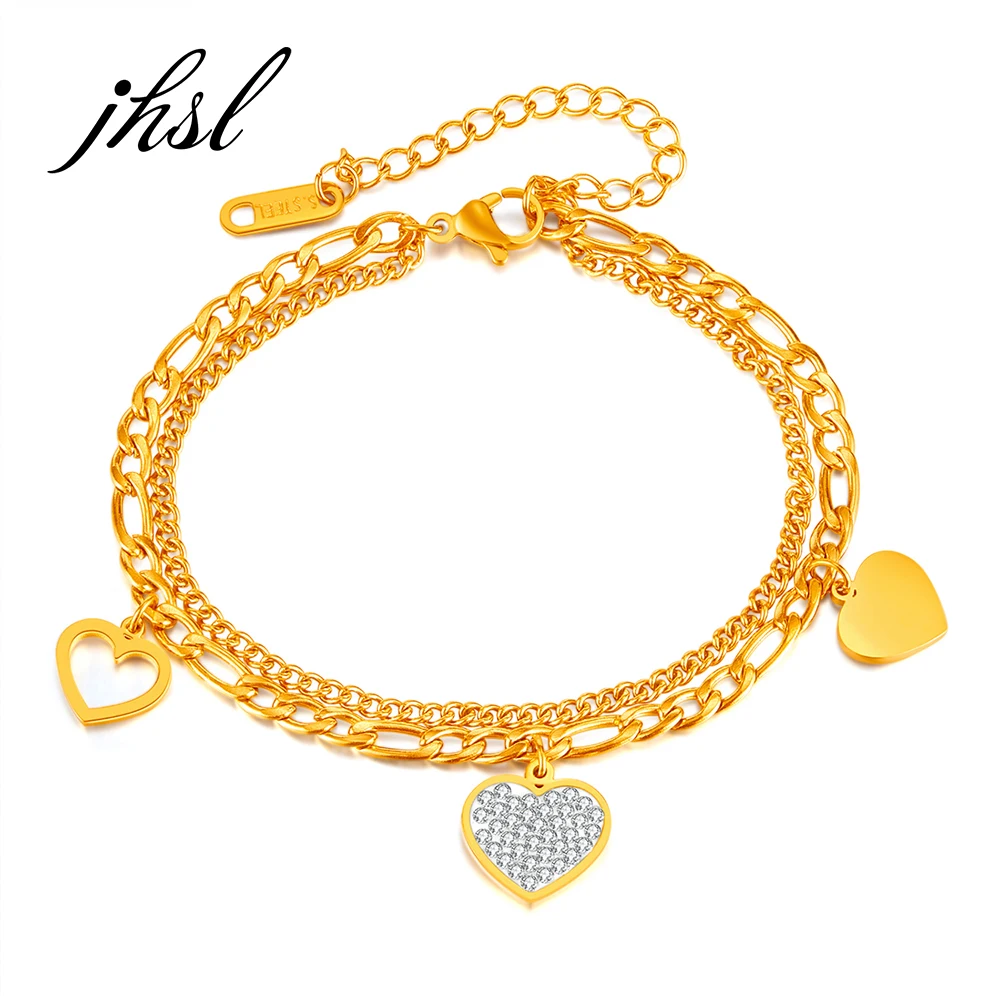 JHSL  Female Women Heart Charm Statement Layered Bracelets Hand Chain Fashion Jewelry Gold Color Stainless Steel New Arrival