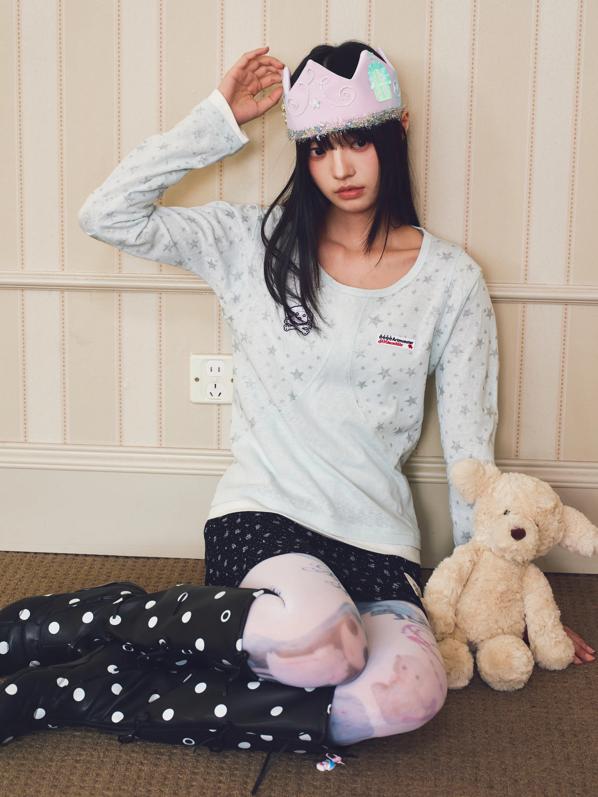  Starlight Eeee Deconstructed Style Printed Dog Embroidery T-Shirt Long Sleeve Autumn Fashion Women's Cotton Blend Top