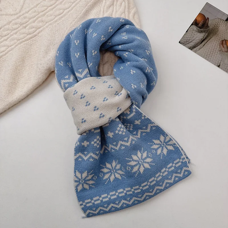 Snowflake Fair Island pattern fresh childlike scarf female arctic velvet soft double layer thick scarf student winter new