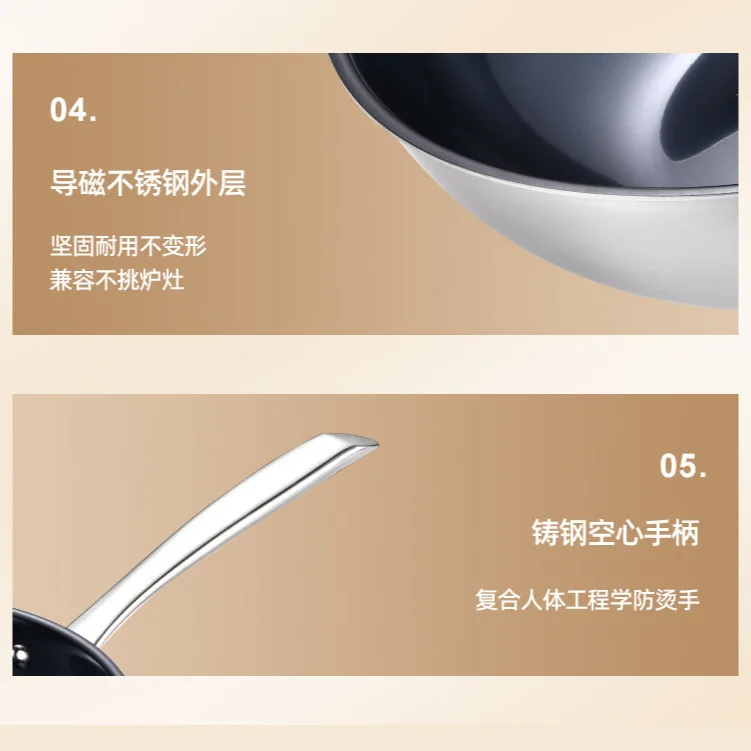 건강한 순수 티타늄 웍, 논스틱 팬, 무코팅 평평한 바닥, 가정용 요리, 인덕션 쿠커 겸용