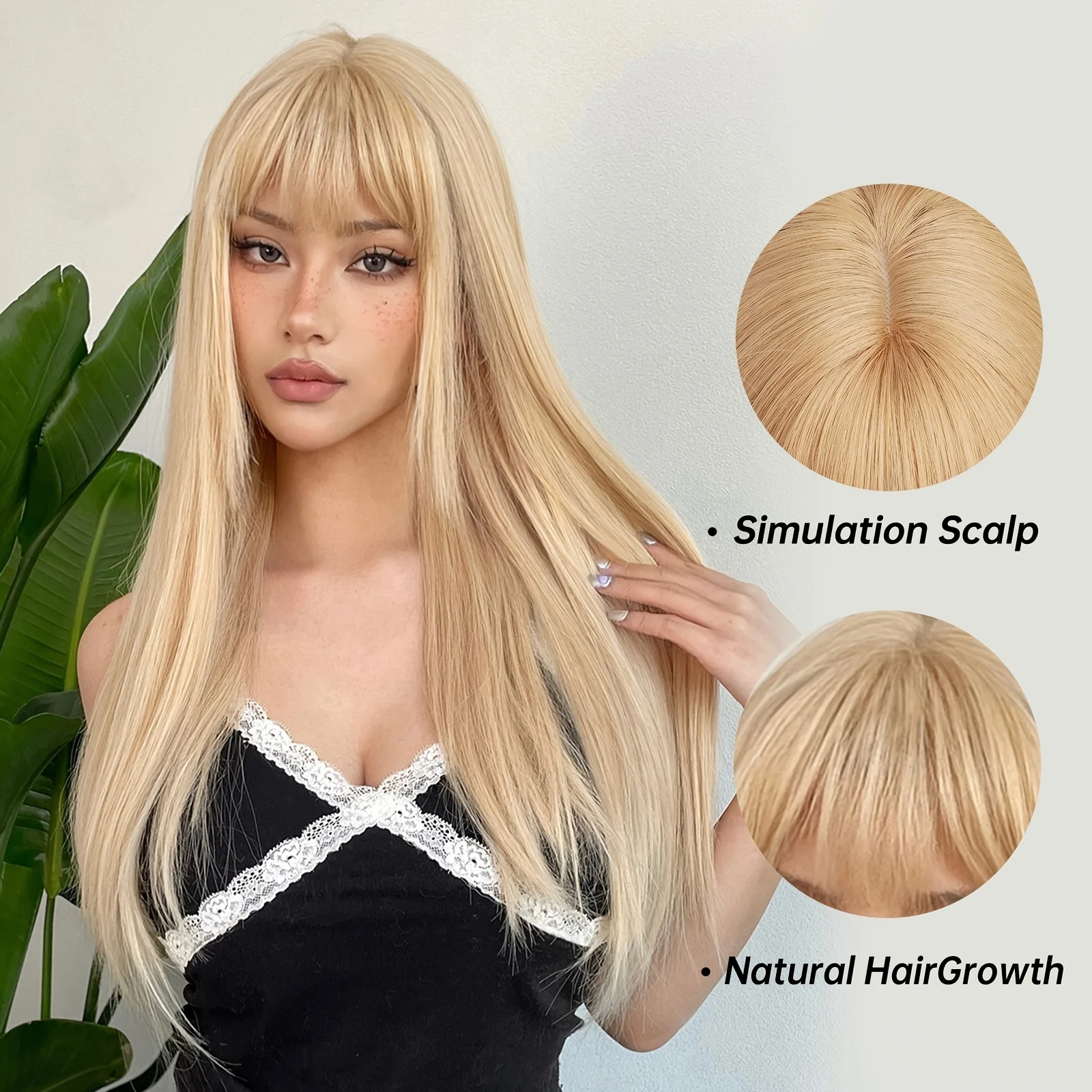 Elegant 24inch Long Straight Blonde Wig with Bangs, High-Temperature Synthetic Hair, Rose Mesh Cap, Suitable for Daily Wear, Cosplay, and Photography