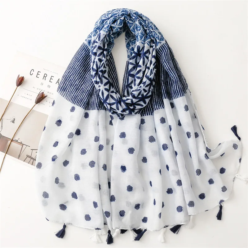 KYQIAO Luxury fashion woman scarves elegant long polka dot patchwork hijab scarf white blue patchwork women's head scarf