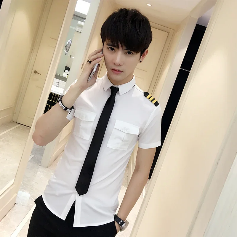 New Arrivals Mens Short Sleeve White Airline Pilot Uniforms Hair Stylist Fashion Slim Fit Black Workwear Big Size Male Clothing