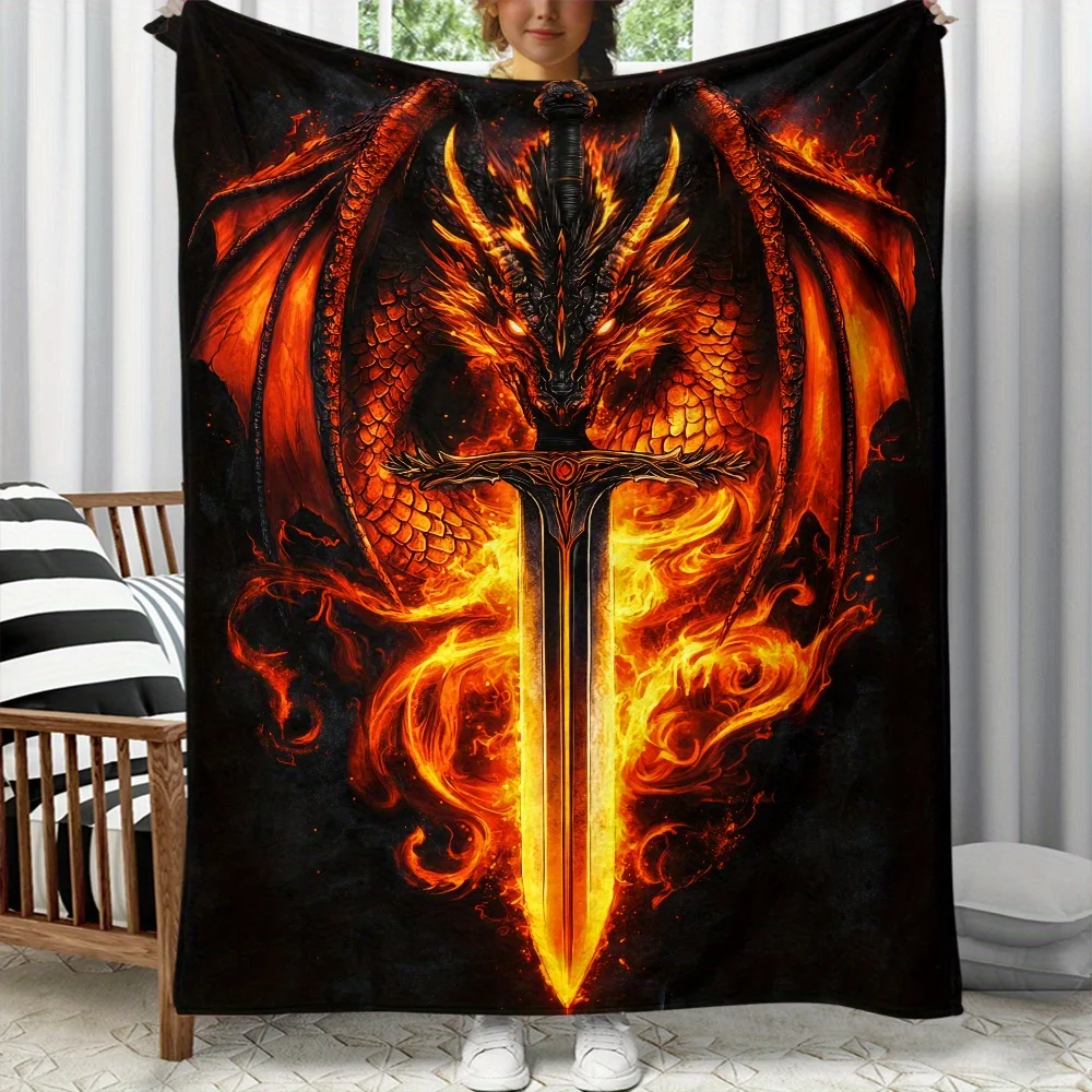 Dragon Wing Sword Print Flannel Blanket, Lightweight Soft Throw for Sofa Bed Travel, Fantasy Themed All Season Decor