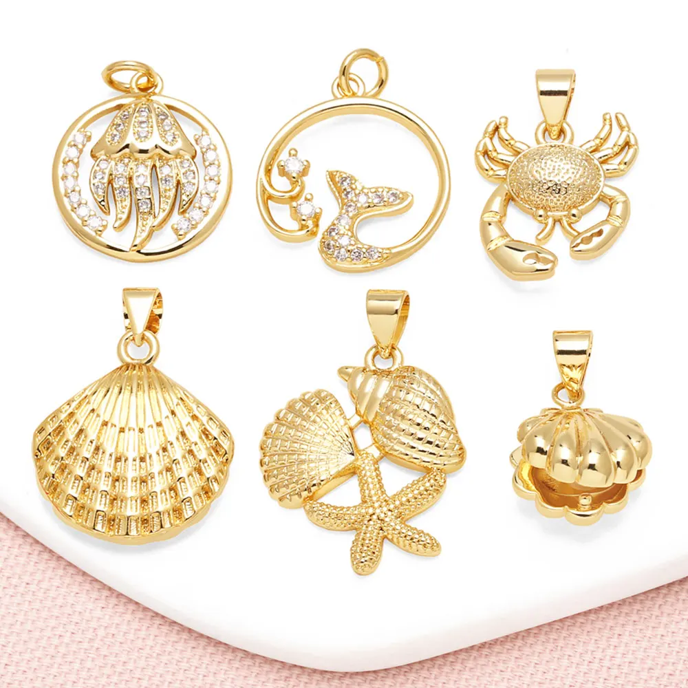 OCESRIO White Crystal Jellyfish Whale Tail Pendant for Necklace Copper Gold Plated Crab Shell Jewelry Making Supplies pdta819