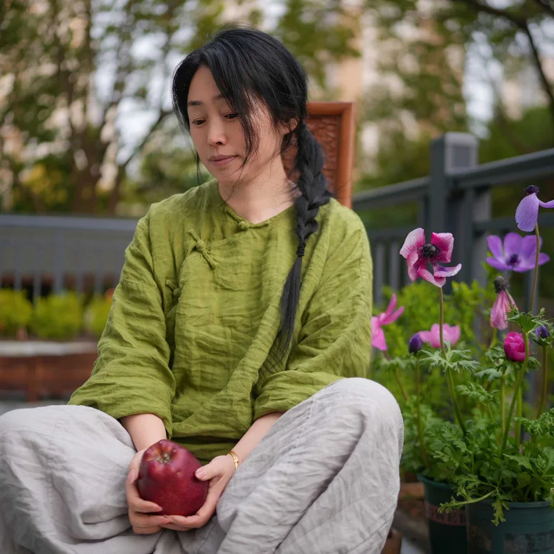 

Oversized Shirts for Woman 2026 Ramie Breathable New Chinese Style Buckle Long-Sleeved Solid Shirt Vintage Zen Tops and Blouses