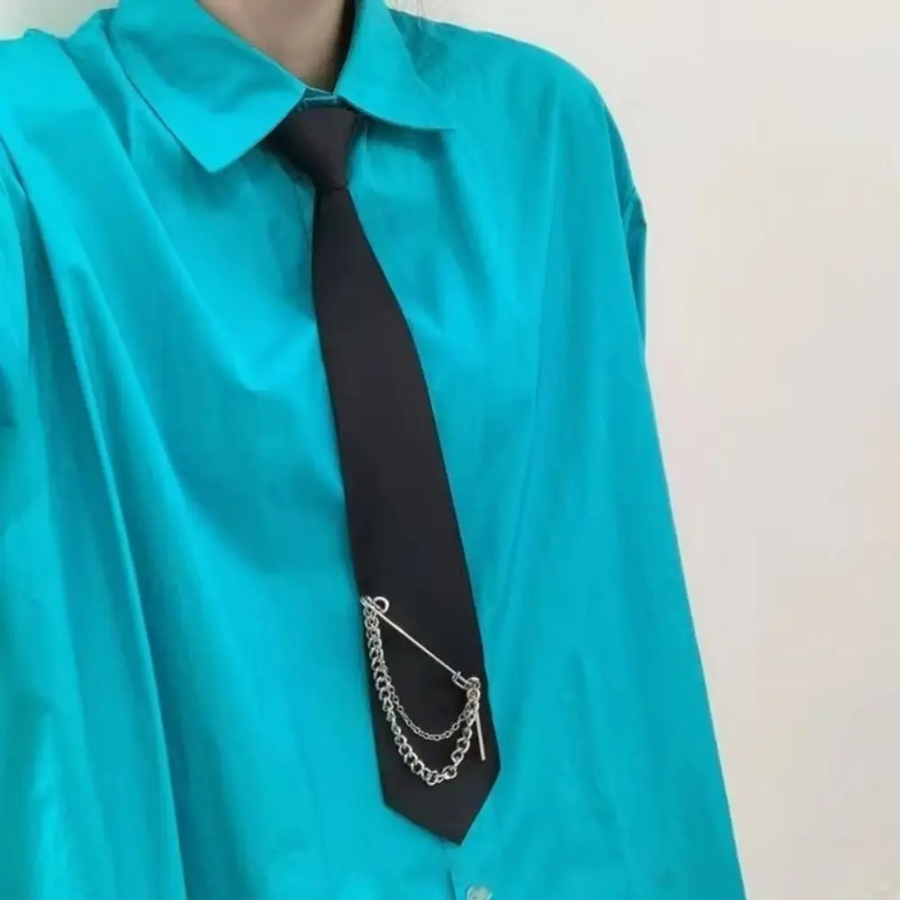 Gifts Black Pre-Tied Necktie Safety Pin Detail Alloy Chain Uniform Neck Tie Adjustable Neck Strap Chain Necktie Daily Outfits