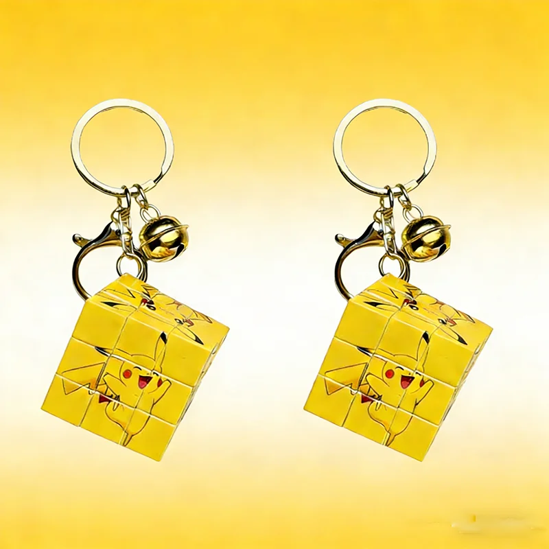 Cute Pikachu Mini Rubik's Cube Keychain, Pokemon Anime Fidget Toy with Bell, Portable Bag Pendant, Birthday Gift for Pokemon Fan