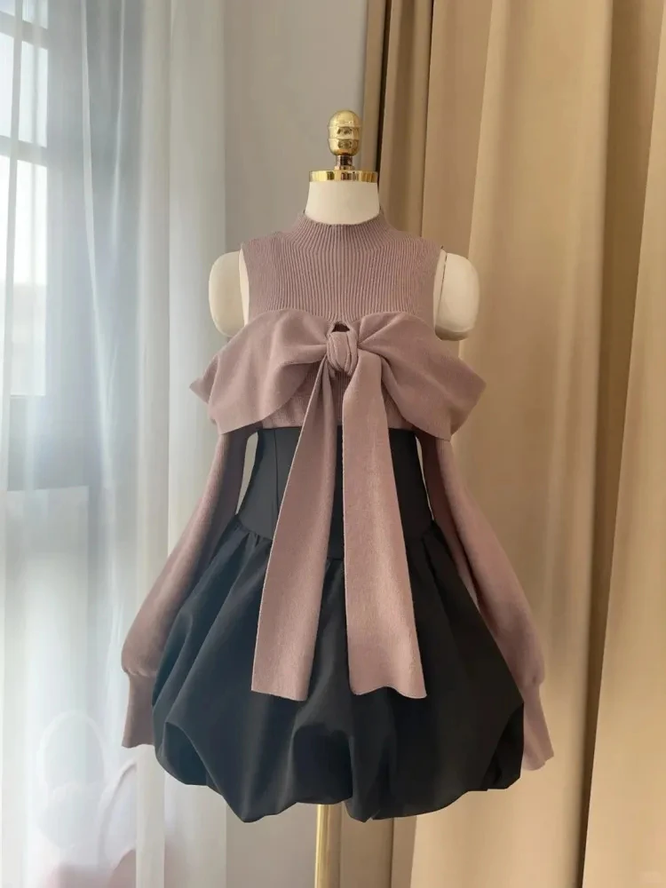 

Women's Knot Tie- Waist High Waist Slimming Knitted Top And ort Skirt Two-Piece Set Early Autumn Faion Ensemble