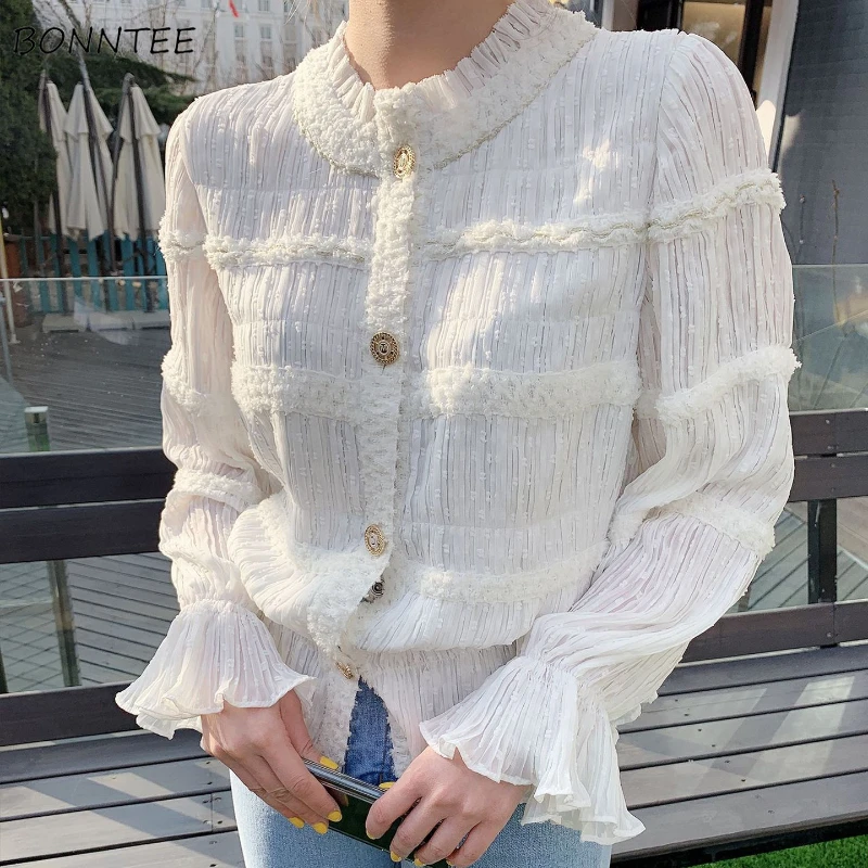 Lace Elegant Long Sleeve Shirt Advanced Button Flare Sleeve Korean Style Light Luxury Spring Autumn Blouses Commuting Fashion