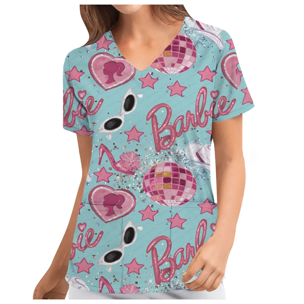 Female Nurse Uniform Beauty Barbie Princess print V-neck Pocket Medical Uniform Cartoon Cat Care Matte Top Uniform enfermera Kaw