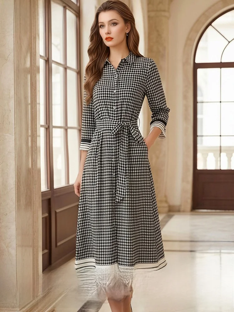 

Элегантное клетчатое платье-рубашка женское, весна-лето, новая модная модель, приталенное, А-силуэт, с завышенной талией, отложным воротником и пуговицами