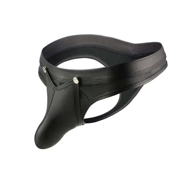 Tanga Sexy con anillo para pene para hombre, Tanga con entrepierna abierta, bolsa convexa en U, tangas sexis de tiro bajo, Tanga con espalda en T de piel sintética de PU de talla grande F