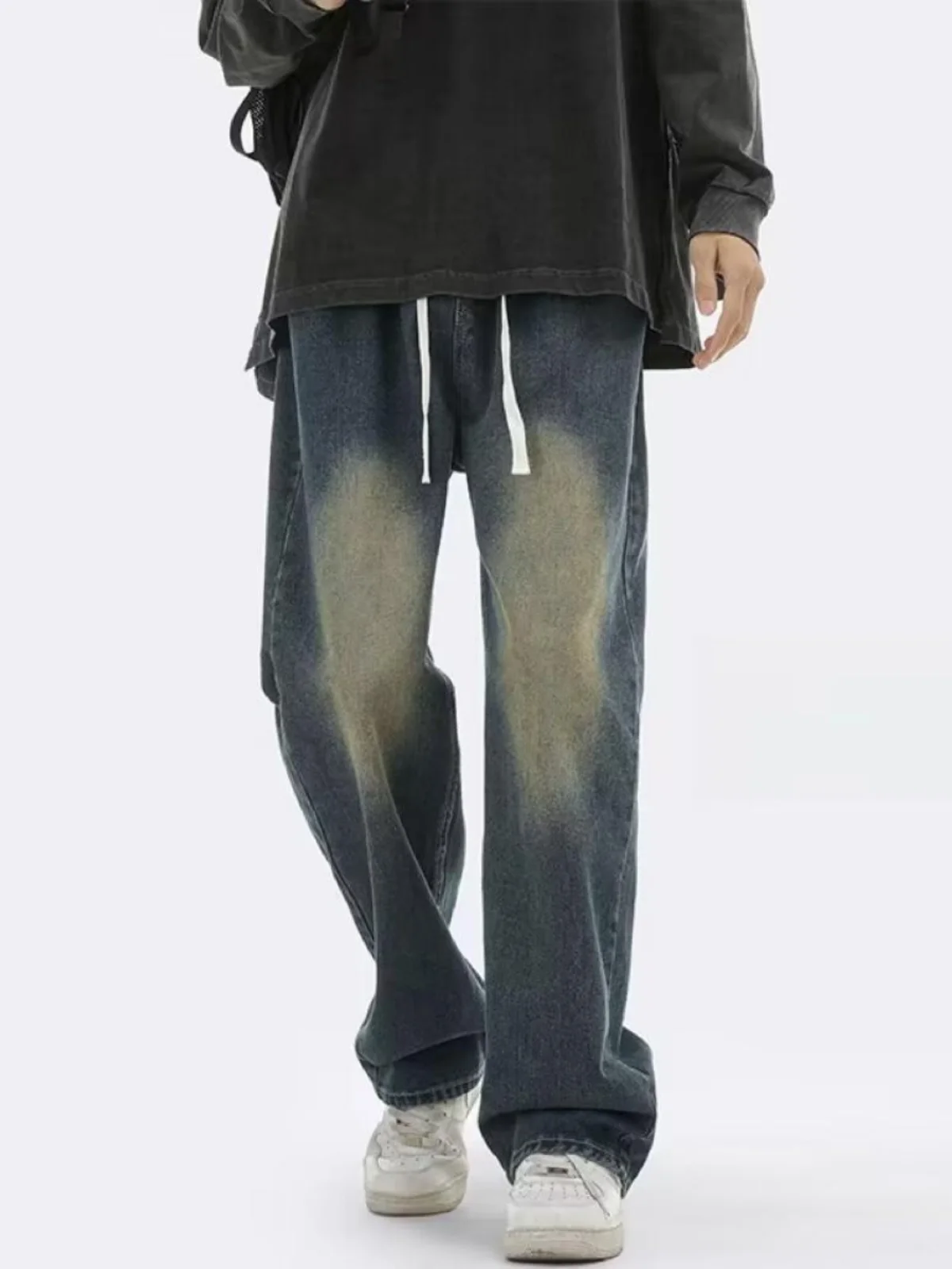 

Американские ретро-джинсы с эластичным поясом для мужчин, весенне-осенние, широкие брюки, уличный стиль, свободные, универсальные, длинные штаны