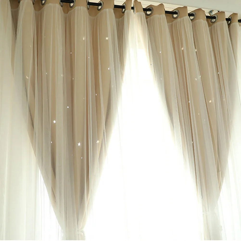 Star Blackout Curtain Double Layer Hollow Out Window Drapes Regular Grommets Bedroom Living Room 1x2m Beige Light Blocking Star view 4