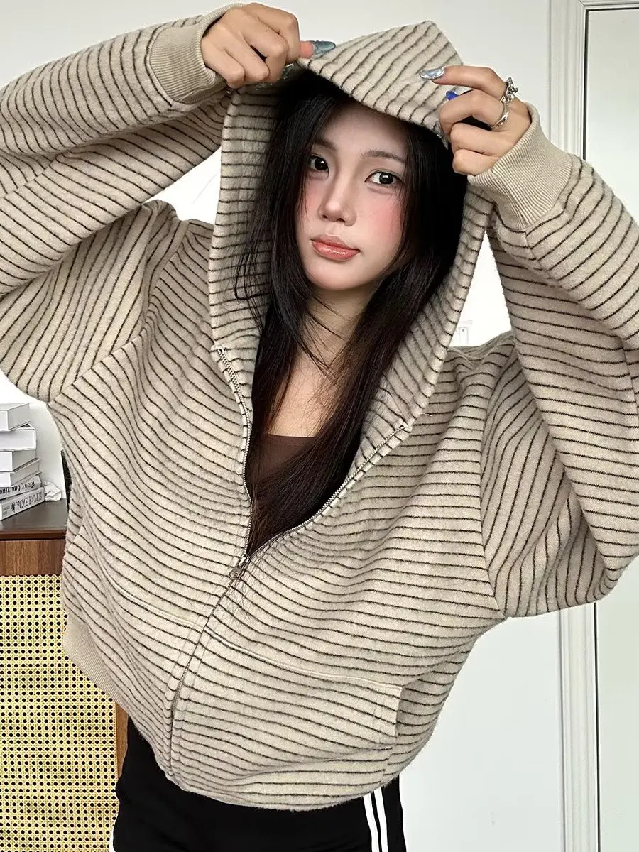 

Korean Sle Striped Open Cardigan Hoodie Women's Loose Casual American Retro Spring Autumn Slimming Trendy Outerwear